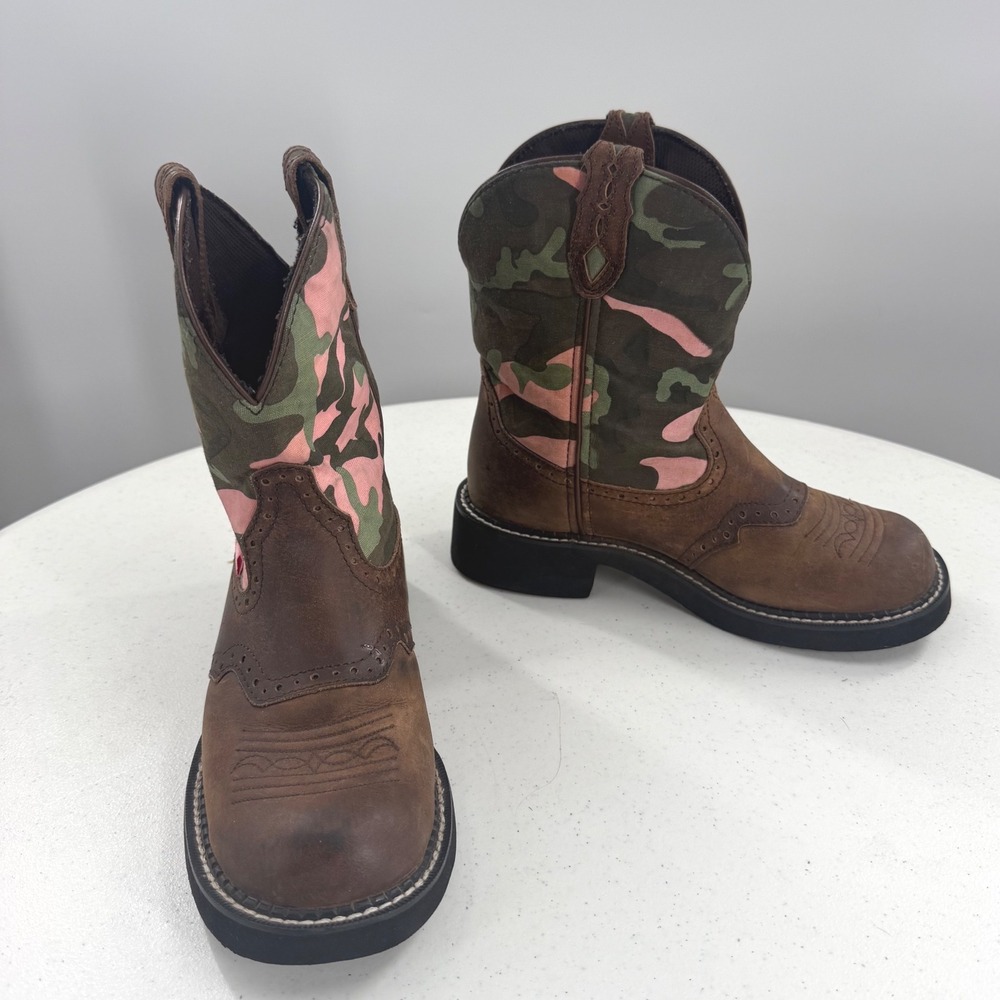 Justin Gypsy Cowgirl Boots Brown Leather Pink Camo L9913 Womens 7B Round Toe - Picture 4 of 9